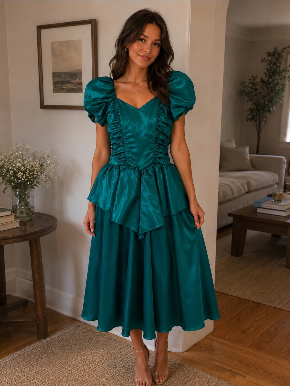 Emerald Puff-Sleeve Satin Midi Dress